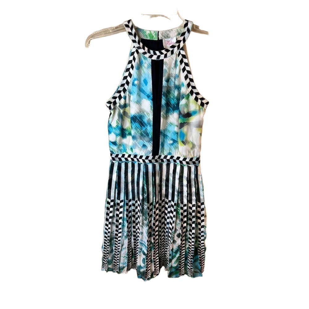 Parker XS Silk Halter Dress Sleeveless Striped Pleated Skirt Abstract Print